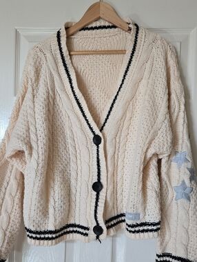 Cream Cable Knit Cardigan with Contrast Trim